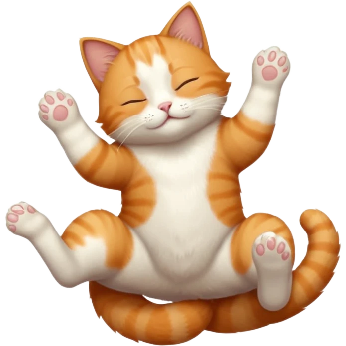 ginger and white small cat eyes closed lying down upside down with paws stretched out in different directions emoji