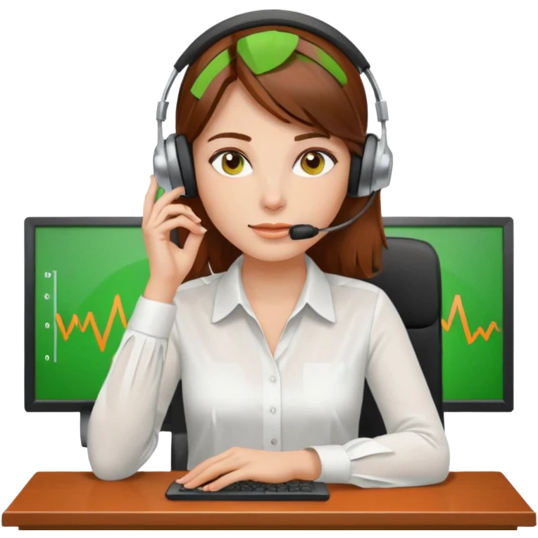 a woman, brown hair, middle european, sitting in the office, wearing a blouse and a headset. she is controling the limits on screen. green = ok, orange = am Limit, rot = überschritten emoji