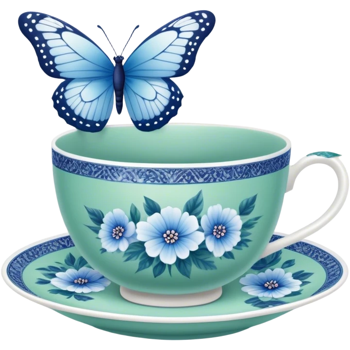 A delicate butterfly with pastel blue wings, resting on the edge of a green  porcelain teacup adorned with intricate blue floral patterns. emoji