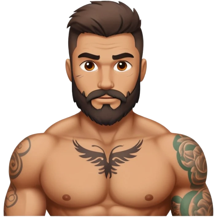 the sexiest italian man that is unbelievably muscular, some creases on his face, rough beard, and tattoos on his upper body and neck emoji