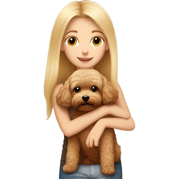 Blonde girl with long straight hair hugging a brown maltipoo emoji