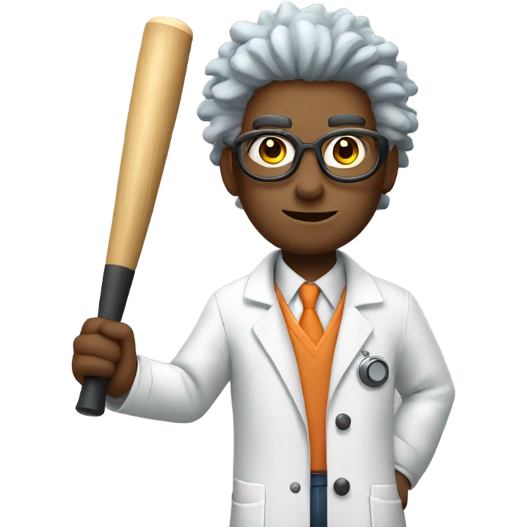 cartoon scientist with wild hair, wearing a lab coat and goggles holding a baseball bat emoji