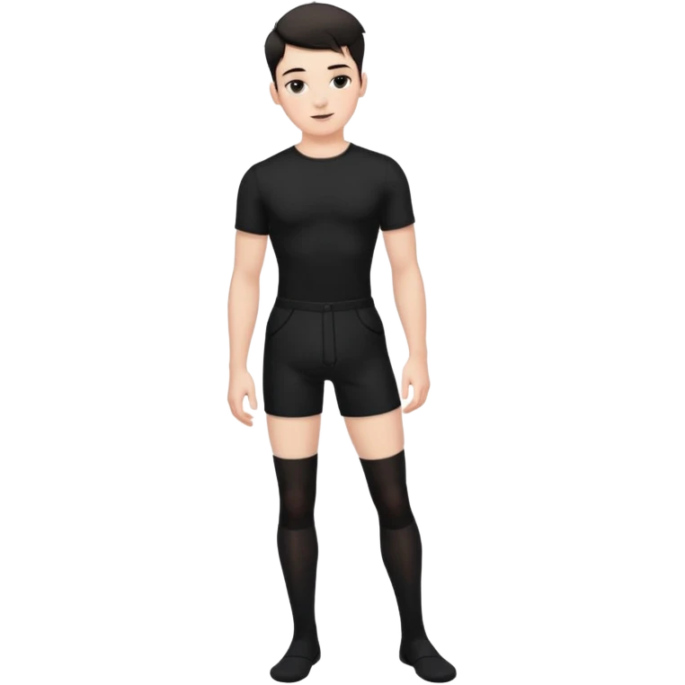 Male in his 20s, clean shaven, feminine look, wearing black thigh highs, black crops, black feminine shorts, is a femboy.   emoji