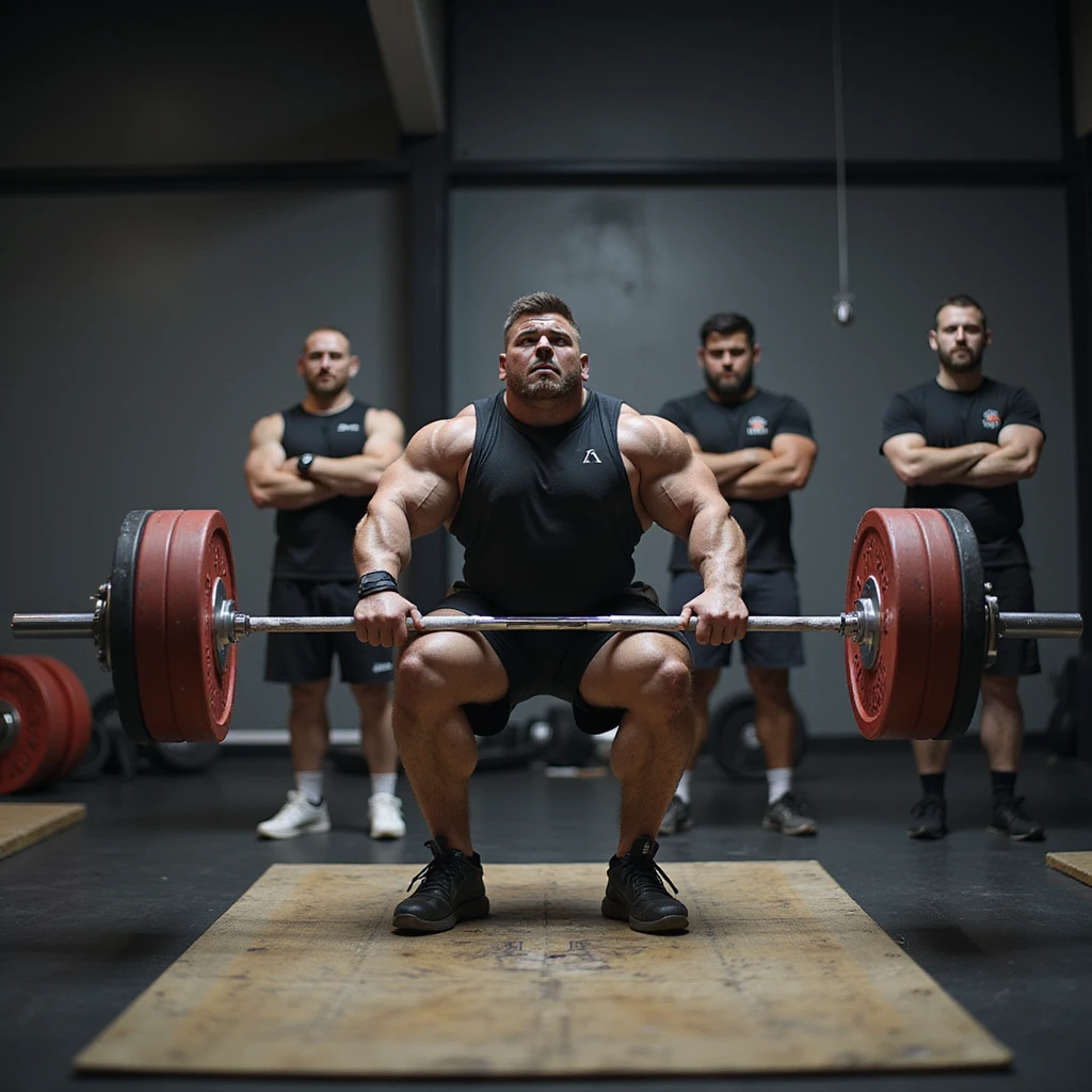 realistic powerlifter performing deadlift, observing other athletes discussing AAS in background, uncertain expression, isolated on white background emoji
