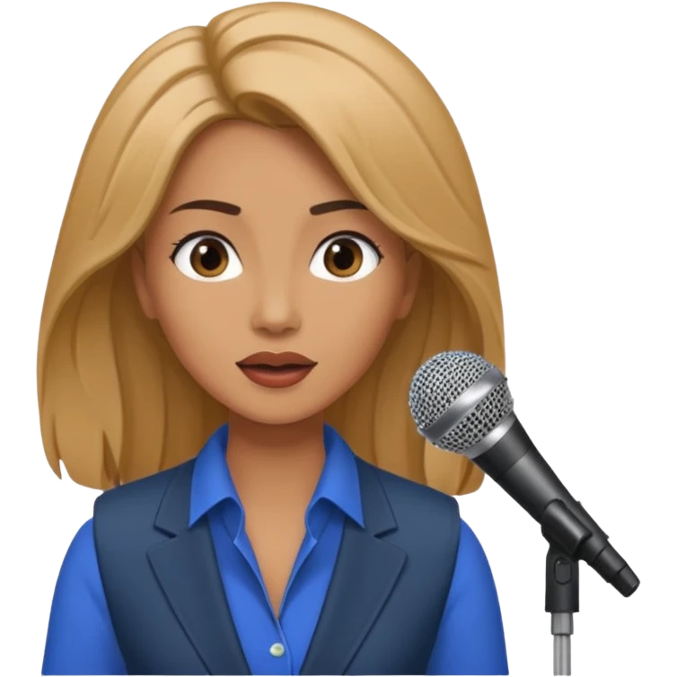 A woman speaks into a microphone, and there is a prompter screen in front of him. emoji
