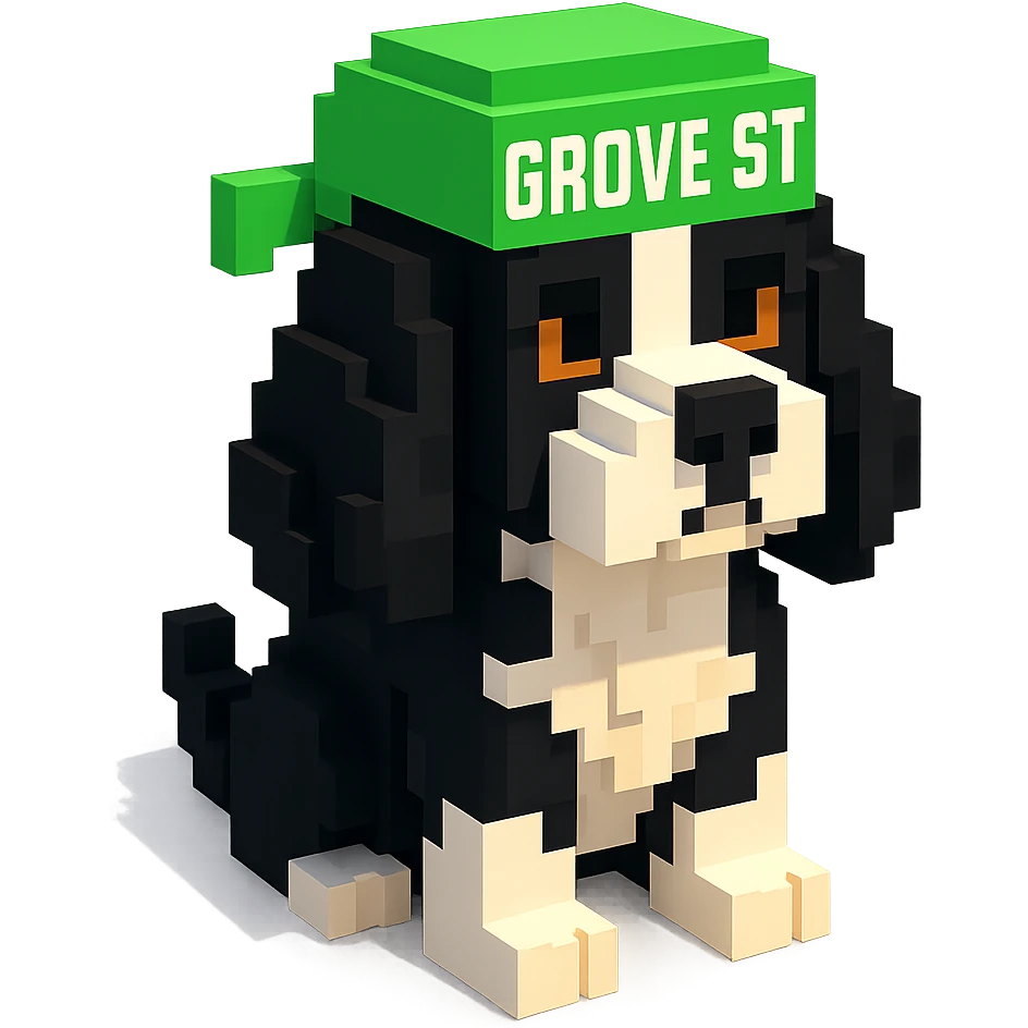 A black and white Russian Cocker Spaniel puppy wearing a grove street durag, voxel style, sitting emoji