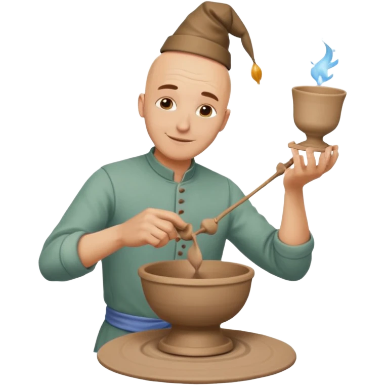 A man Caucasian bald is a potter spinning a clay cup on a potter’s wheel. It is his birthday  emoji