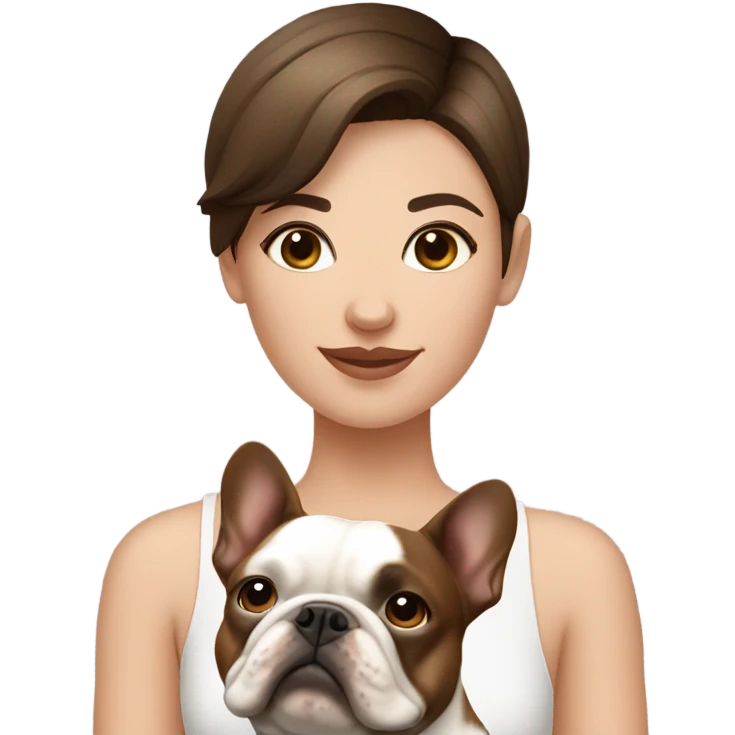 short hair Brunette girl with one brown french bulldog and one white with brown french bulldog emoji