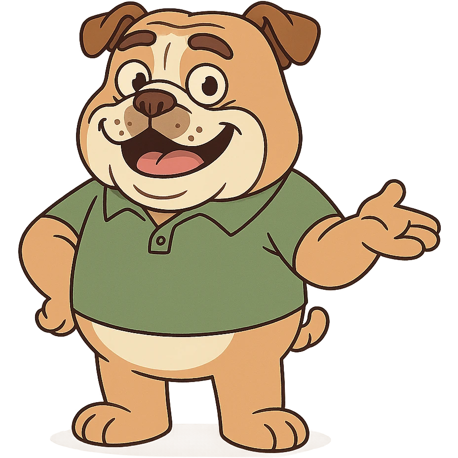 friendly English bulldog guide cartoon character emoji