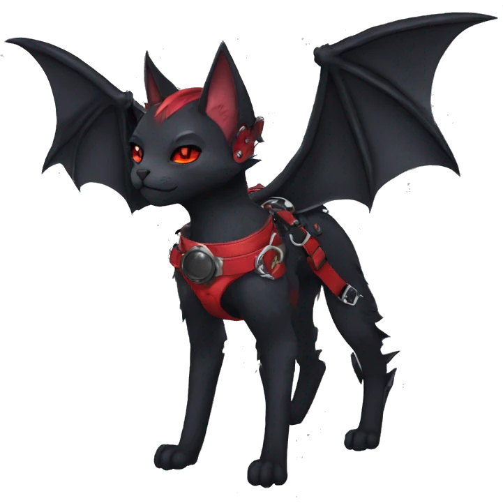 cool edgy elegant beautiful black punk red fantasy nargacuga-bat-cat-Fakemon collar harness full body emoji