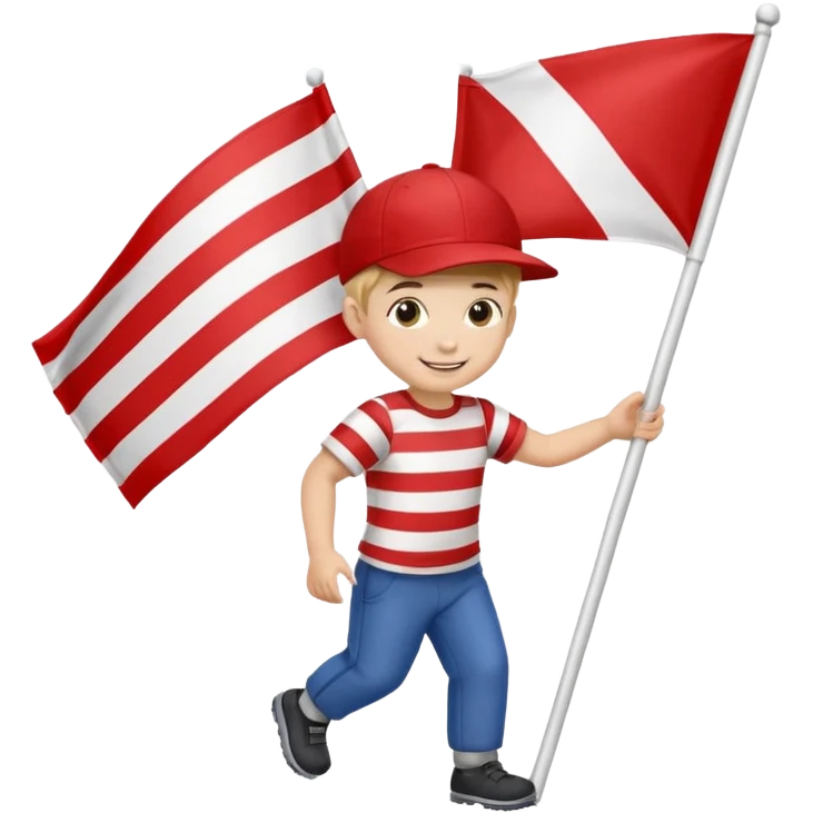 A small boy in a cap, smiling brightly while dragging a flag slightly bigger than him. emoji