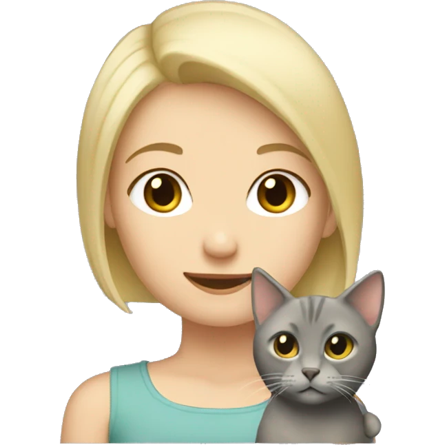 Short haired blonde girl holding a grey cat emoji