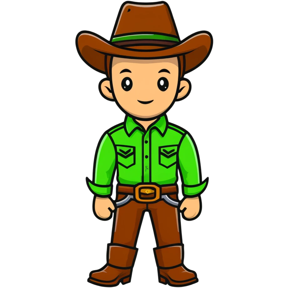 Cartoon cowboy with bright green outfit and matching green cowboy hat, western style emoji