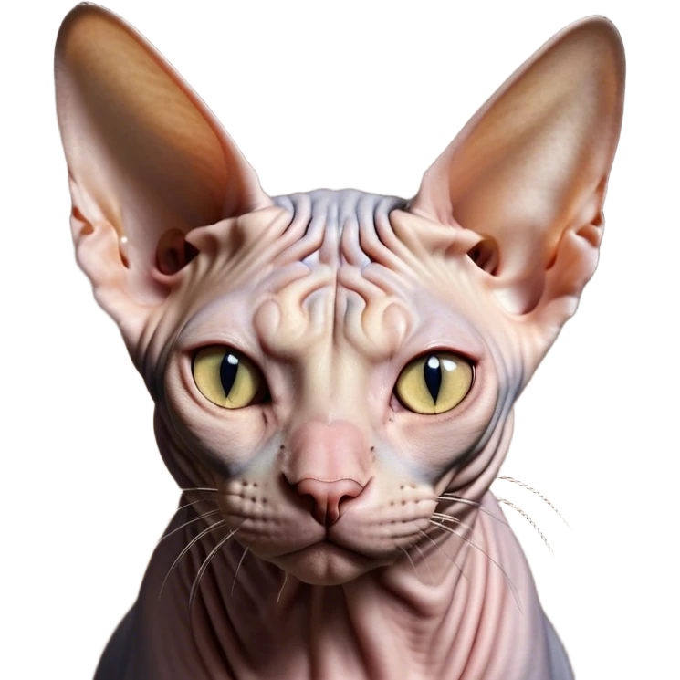 Cinematic Meme-Worthy Grumpy Sphynx Cat Portrait Emoji, Head held high but eyes filled with dramatic disappointment, hairless, wrinkled skin forming deep furrows of discontent, large ears positioned like tiny radar dishes of judgment, signature scowling mouth and narrowed eyes radiating pure disapproval, Simplified yet hilariously over-exaggerated features, highly detailed, glowing with an aura of supreme annoyance, high shine, exhausted yet judgmental, stylized with an almost regal pettiness, bright but brooding, soft glowing outline, capturing the essence of a feline that has seen it all and is thoroughly unimpressed, so meme-worthy it feels like it could instantly become the next viral sensation of grumpiness! emoji