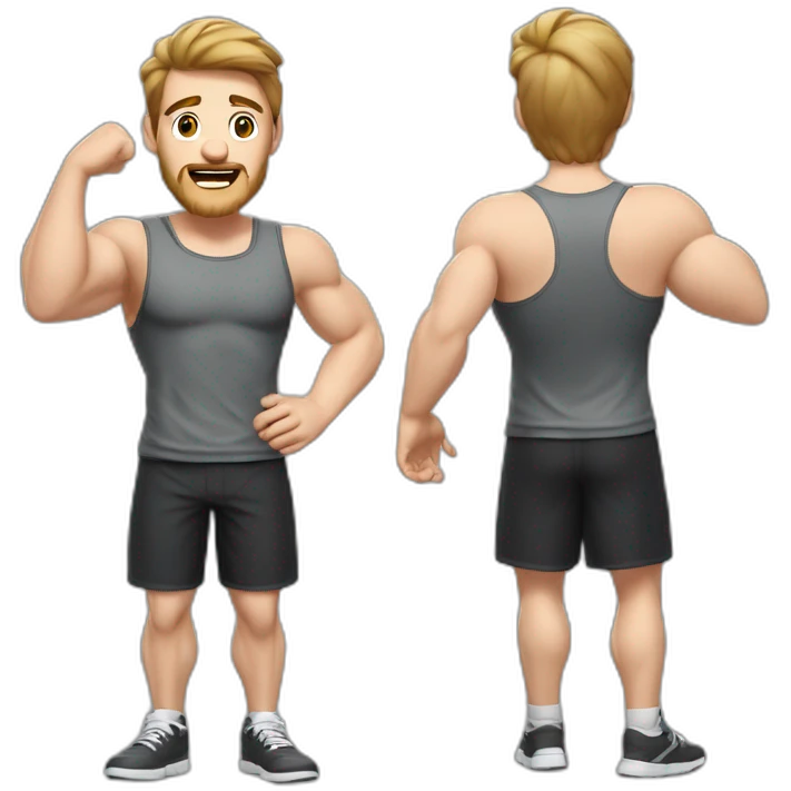 Close up Actively gesturing  with hands Pale skinned Fit Man With the biceps and brown hair in dark gray Sleeveless Mike, black oversize sports shorts, watch and white Sneakers emoji