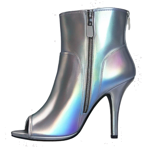 Realistic isolated top view of a pair of silver iridescent peep toe zippered ankle bootie boots. emoji