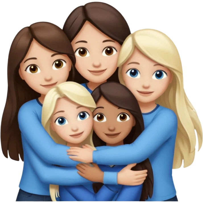 four white girlfriends hugging and smiling    2 girls with brown eyes and long dark brown hair. Two girls with blue eyes and light blonde hair emoji