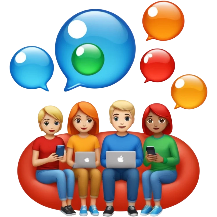Multiple people inside colorful transparent bubbles (blue, red, orange, green), each using a smartphone or laptop. The people are in casual clothing, and the background is a simple cityscape with soft lighting. Emoji-style, clean and modern design. emoji