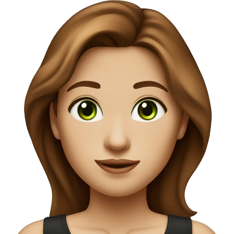 Attractive woman with waist-long chestnut-brown hair and dark green eyes, and a black top emoji