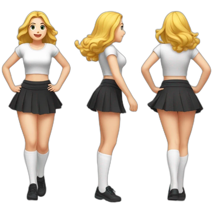 alistic-full-body-caucasian-curvy-beauty-jumping-short-black-skirt-back-and-front-views-strong-wind-knickers-long-white-socks emoji