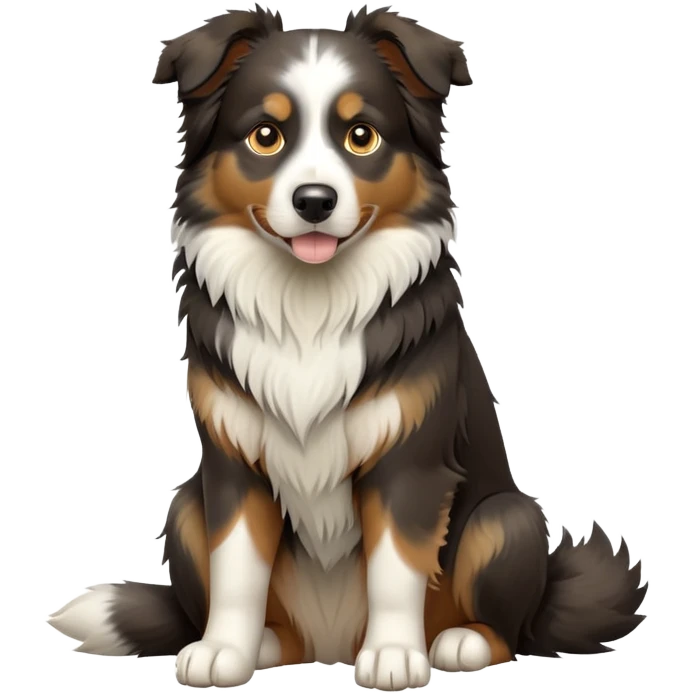 cinematic-[australian shepherd dog]-realistic-full-body-sitting-emoji,-tail-resting-loosely-beside-its-paws,-head-tilted-dramatically,-scruffy-[black white tan]-fur,-simplified-yet-realistic-focused-features,-highly-detailed,-glowing-with-an-almost-sarcastic-glow emoji