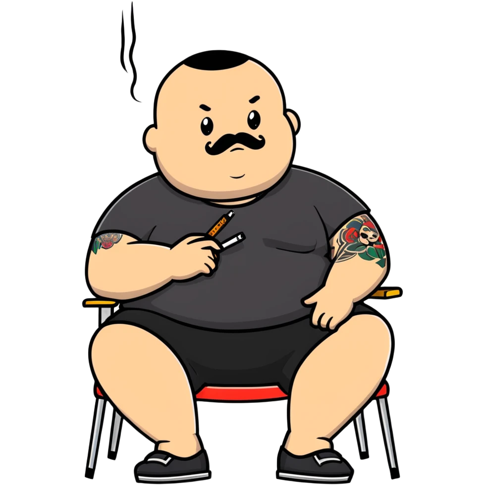 Overweight man sitting back in chair with legs spread, holding cigarette, exposed belly, round face, very short buzzcut hair, short beard with mustache, black t-shirt with light stripes on top, black shorts, tattooed arms emoji