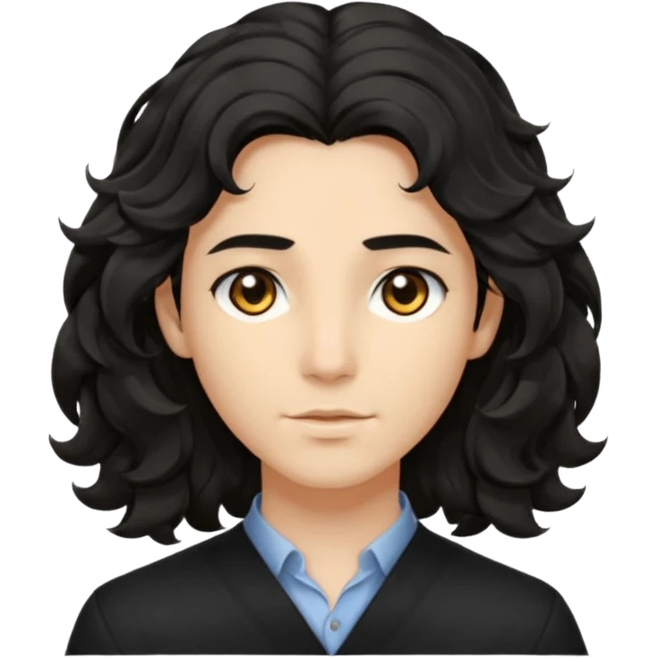 his avatar has shoulder-length black wavy hair with loose curls framing the face, and a long, pointed face with golden-brown eyes and a calm, neutral expression. emoji