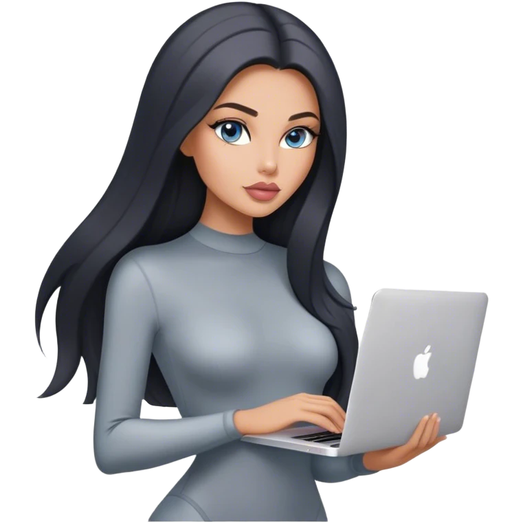 Glamours, tanned, very beautiful girl, with big pump peach-beige-rose lips, black straight smooth silky long hair, straight parting, blue-grey eyes, in grey bodysuit holding MacBook emoji
