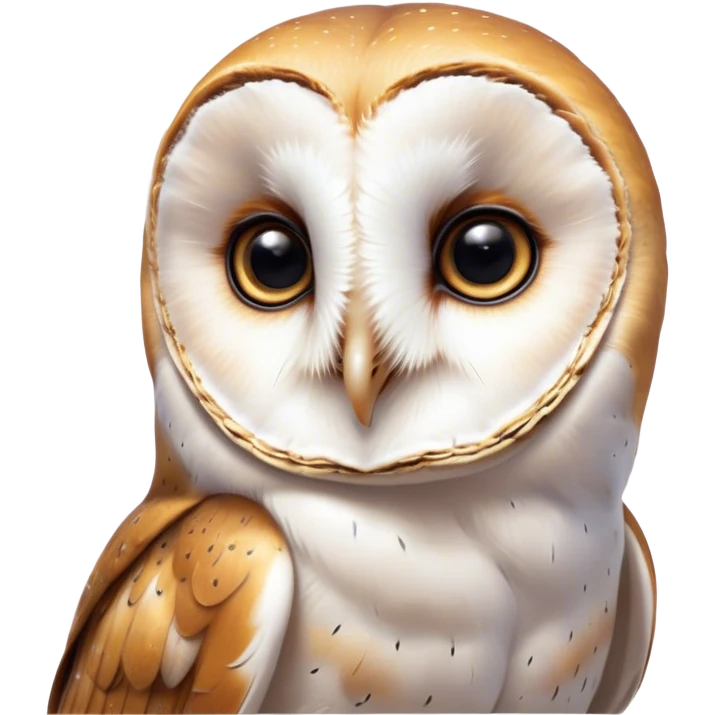 Cinematic Cute Barn Owl Portrait Emoji, Head tilted playfully and inquisitively, featuring a softly mottled Fur of white and brown with delicate feather patterns, round, sparkling amber eyes filled with curious wonder, Simplified yet irresistibly adorable features, highly detailed, glowing with a warm, friendly glow, high shine, affectionate and gentle, stylized with a touch of barnyard whimsy, bright and endearing, soft glowing outline, capturing the essence of a mischievous yet loving owl, so playful it feels like it could swoop out of the screen and into your arms! emoji