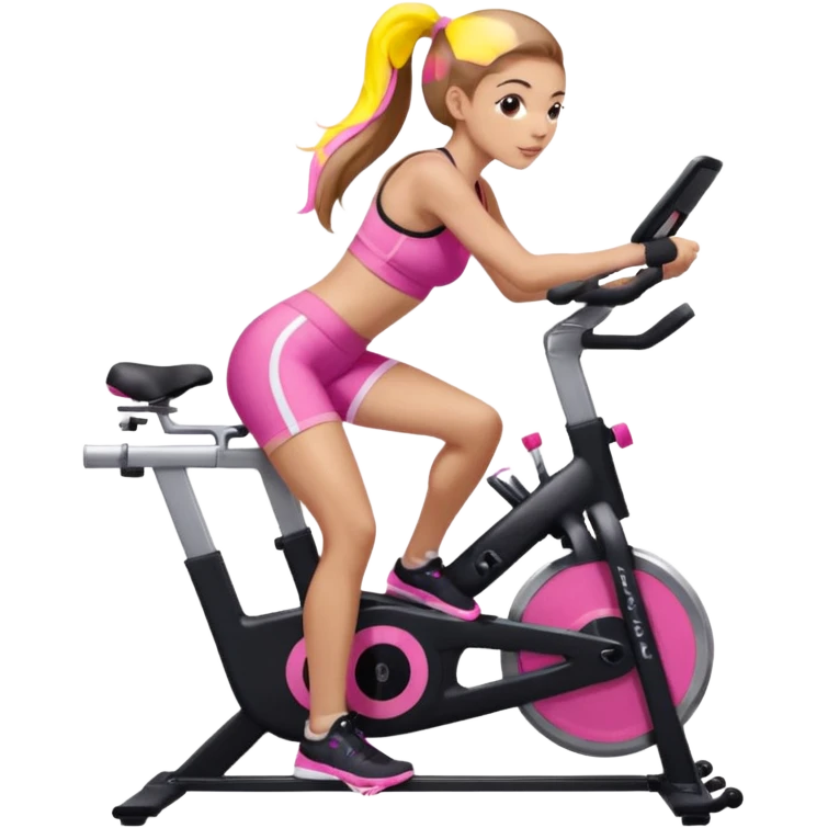 Light skin girl with long light brown hair in a pony tail, black workout set leaning on a indoor spin bike with NO HELMET, can we add a pink sports bra  emoji