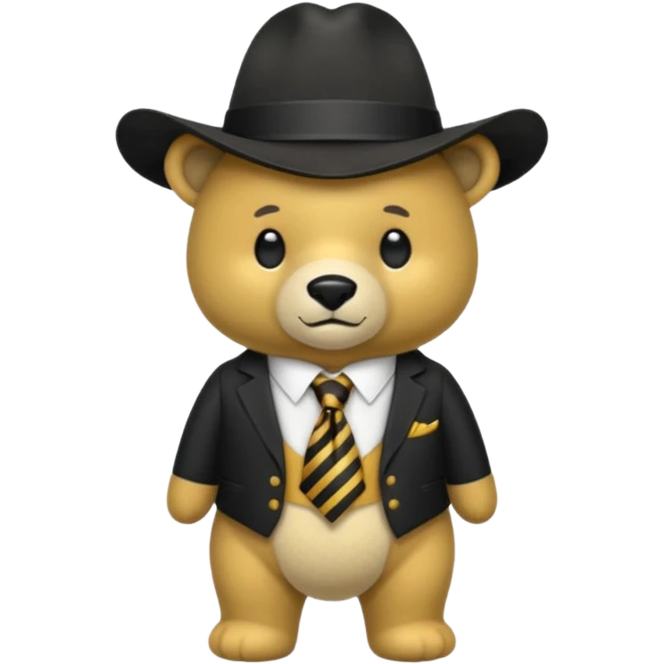Oso dorado con un sombrero negro y fn su cuello un moño negro emoji