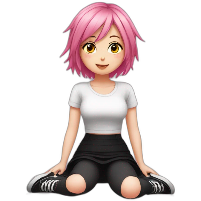 Full body Front view curvy emo girl pink hair sits on the floor straight view hands up black skirt полосатые рваные чулки emoji