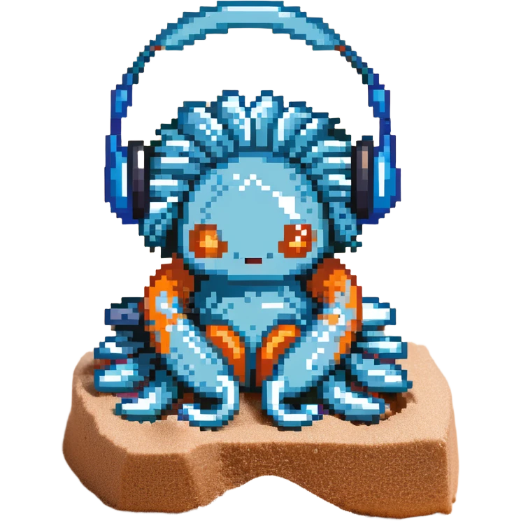 light blue sea anemone with arms, listening to music with headphones, sitting on sand emoji
