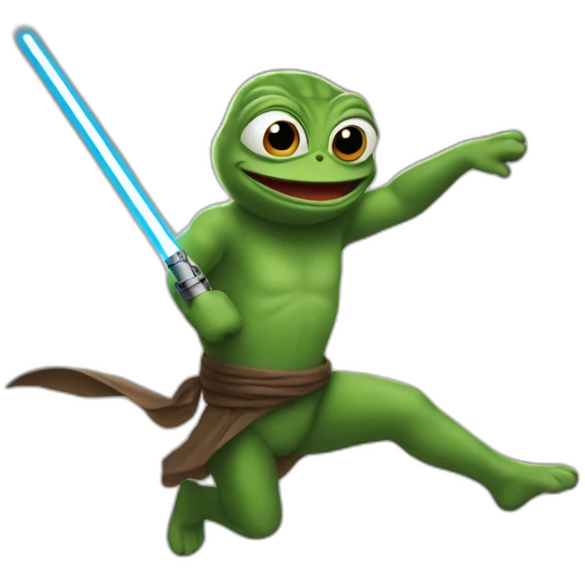 Pepe jumping with large lightsaber emoji