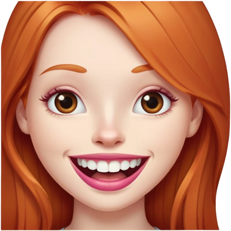 Young girl with pale skin, longer face, full pink lips smiling with big teeth, very long straight ginger red hair (no blonde at all), big brown eyes, bigger nose, big mouth emoji