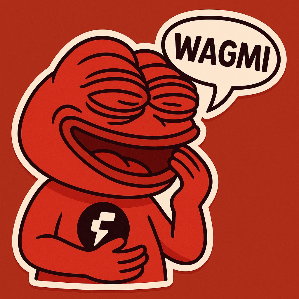 Add the provided Fogo.io logo as a badge on a cartoonish, bold, meme-inspired Red Pepe the Frog who is laughing with a 'WAGMI' speech bubble. Use a red color palette, making the image witty and playful, suitable for a Discord sticker. emoji