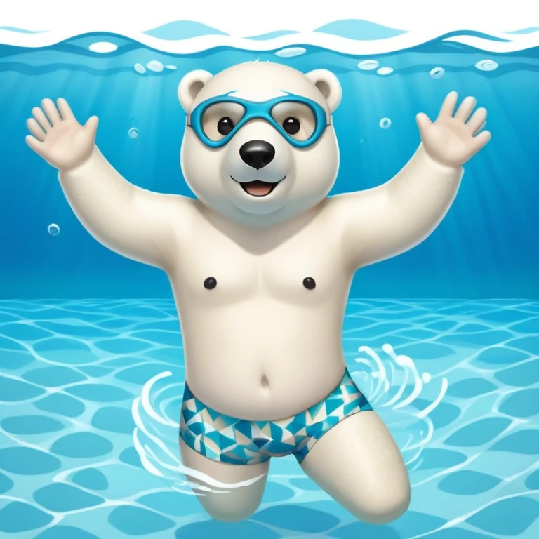 friendly anthropomorphised polar bear swimming freestyle in a large pool, excited expression, wearing patterned swim trunks and full snorkel mask emoji