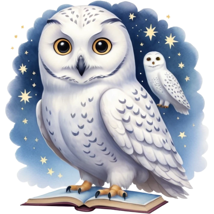 A hand-drawn fantasy illustration of Hedwig, Harry Potter’s snowy owl, with soft watercolor style, gentle pastel tones, magical sparkles in the air, cozy wizarding atmosphere, storybook illustration, high detail, whimsical and warm mood. emoji