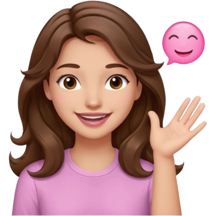 girl with wavy long brown hair, brown eyes, light to medium complexion, long lashes, light pink lipstick, smiling, wearing light pink shirt, slapping emoji