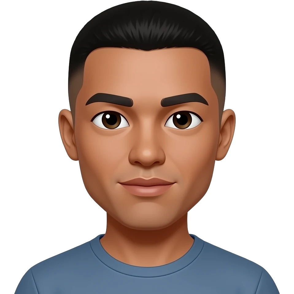 very dark skin, asain eyes, male, staightish fade haircut, thick lips, flat botton nose emoji