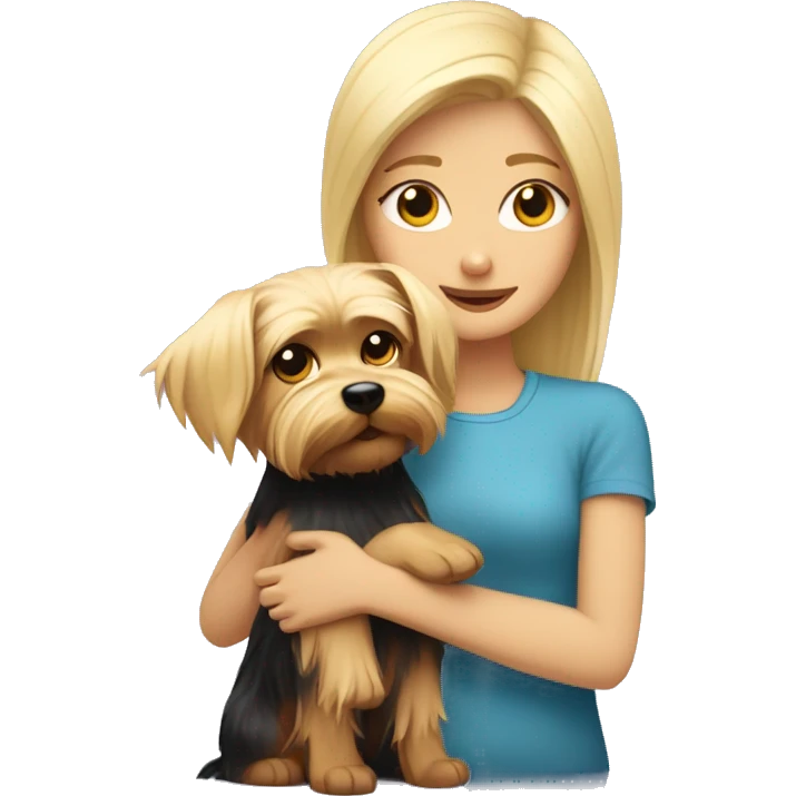 Blondie cuddles a Yorkshire terrier. emoji