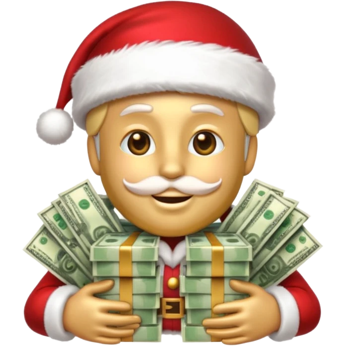 A confident rich emoji face wearing a Santa hat, money stacks, casino vibe, New Year theme, premium 3D emoji style, sharp details, no text, isolated on transparent background emoji