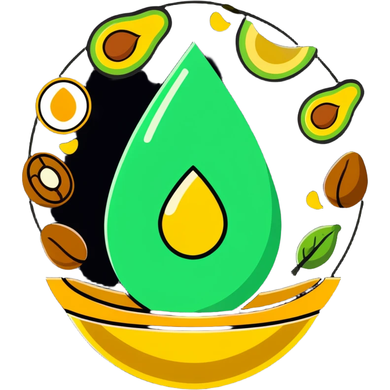 Floating aura in the shape of a golden and jade green drop, with bright icons of avocado, nuts, olive oil and ethereal fish spinning in a circle, surrounding a warm heart and illuminated brain, wrapped in a soft glow of protection and stable energy emoji
