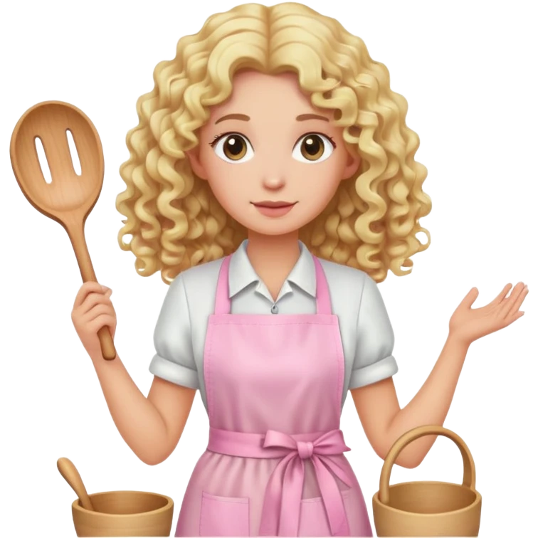 Blonde curly long hair lady with a light pink handicraft apron emoji
