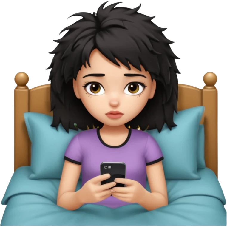 generate a pretty bratz girl with short black messy bed hair, looking tired and using her phone emoji