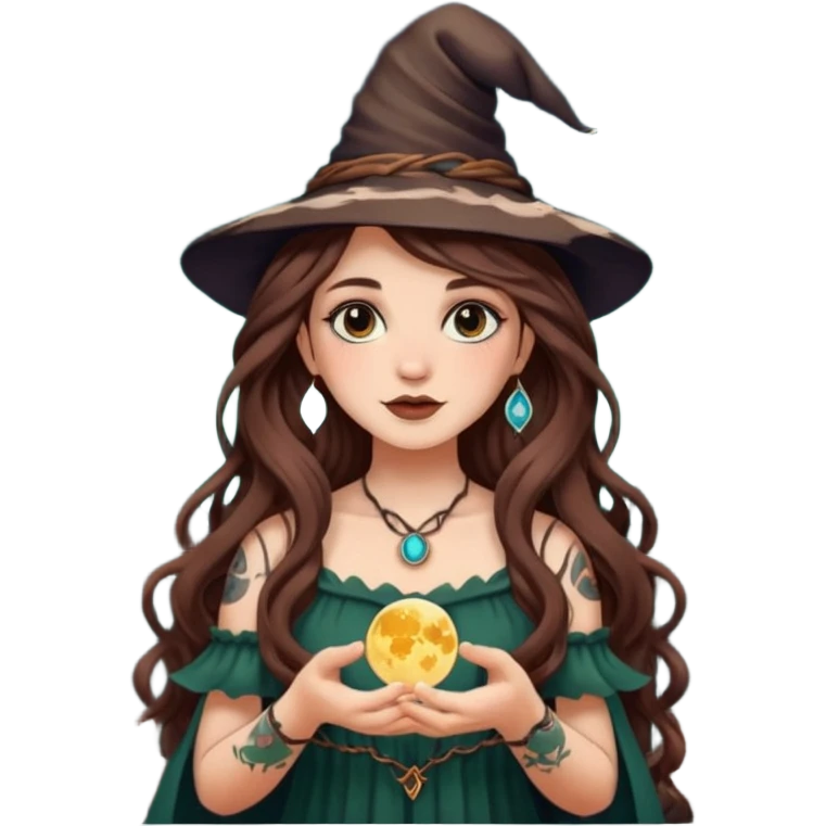 cute forest witch woman long wavy brown hair tattoos holding tiny moon emoji