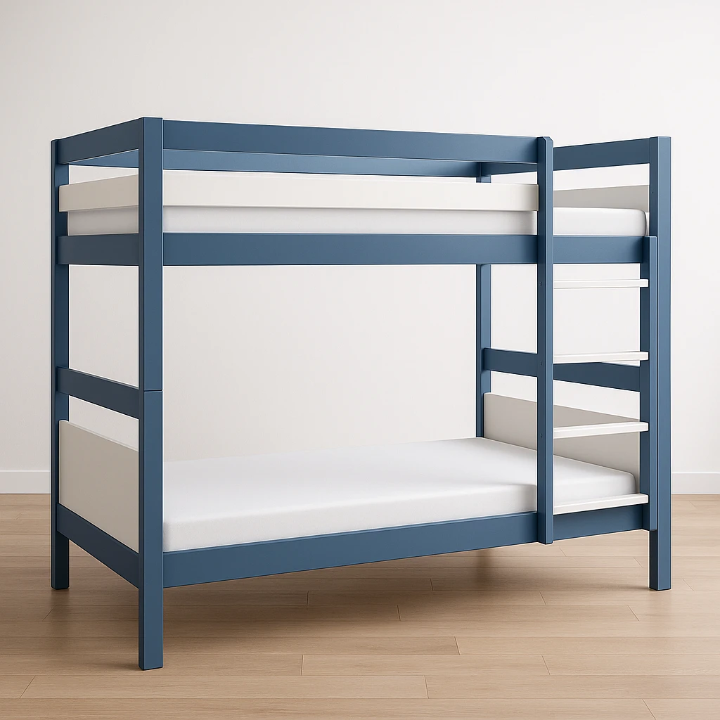 modern bunk bed, blue and white color scheme, clean lines, minimalistic design emoji