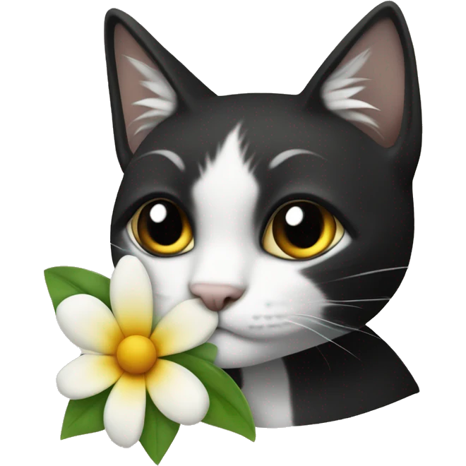 Gatito negro y blanco con una flor emoji