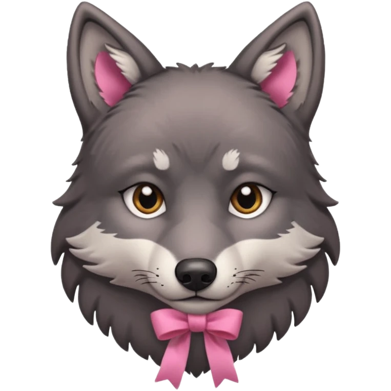 Pleading sad Face cute dark grey wolf with a pink ribbon on his ear head emoji