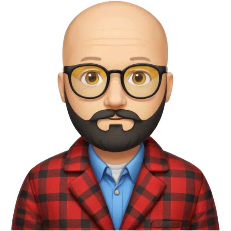 Un profesor calvo, que tenga barba abundante de color negro, lleva gafas con el cristal de color amarillo y un abrigo de cuadros rojo emoji